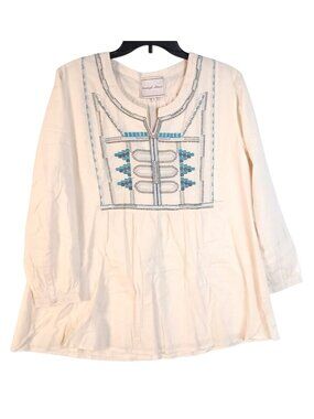 Beautiful Stories Anthropologie Boho Tunic Top L Ivory Embroidered 3/4 Sleeve